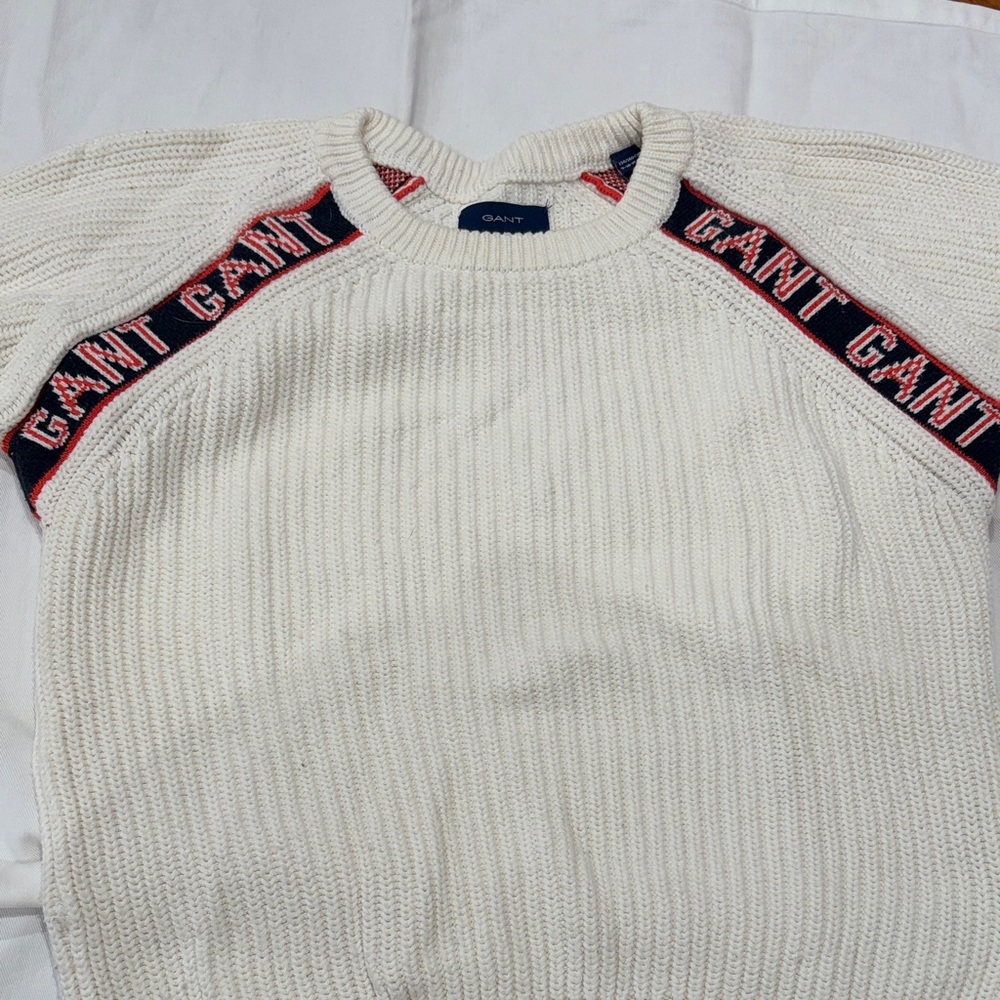 GANT Men's White Crewneck Sweater with Red Accents